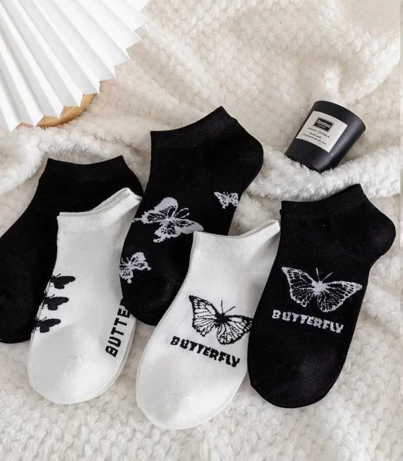 Dzc Kuzenler Avm Dzc Cousins ​​Avm 4 Pair Cute Booties Butterfly Patterned Women/Girls Socks Stitched Ankle Low Cut Teen Socks 36-41