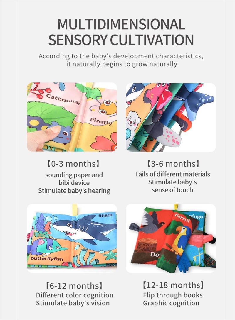 Baby Ocean Animal Cloth Book - Sensory Tails Teether Toy with Crinkle Paper & Beeper, Washable Soft Activity Book for Early Learning - Image 2