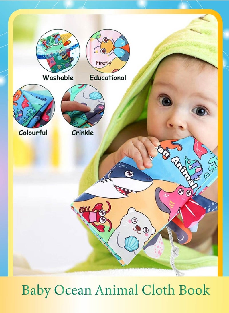 Baby Ocean Animal Cloth Book - Sensory Tails Teether Toy with Crinkle Paper & Beeper, Washable Soft Activity Book for Early Learning - Image 1