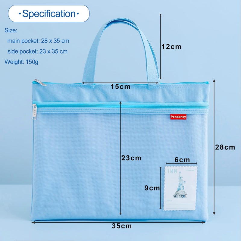 Pendancy Mesh Zipper Pouch 11x13.7 in, Large Double Pocket Waterproof File Bag with Handle, A4 Size Foldable Document Storage for Puzzle Project/Cross Stitch/Travel/Officeï¼ˆBlueï¼‰ - Image 3