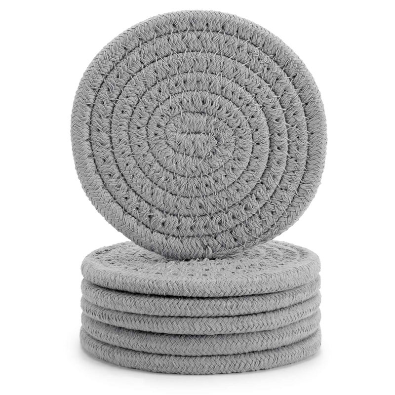 ABenkle 6 Pcs Coasters for Drinks Super Absorbent Drink Coasters  Stylish Handmade Round Woven Coaster for Coffee Table Tabletop Protection Housewarming Gift for Home Decor - 4.3 Inches  Grey - Image 1