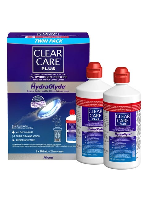 Clear Care Plus With HydraGlyde, Cleaning And Disinfecting Solution 3% Hydrogen Peroxide For All Soft And RGP Contact Lenses - 480ml Pack Of 2 With 2 Lens Cases