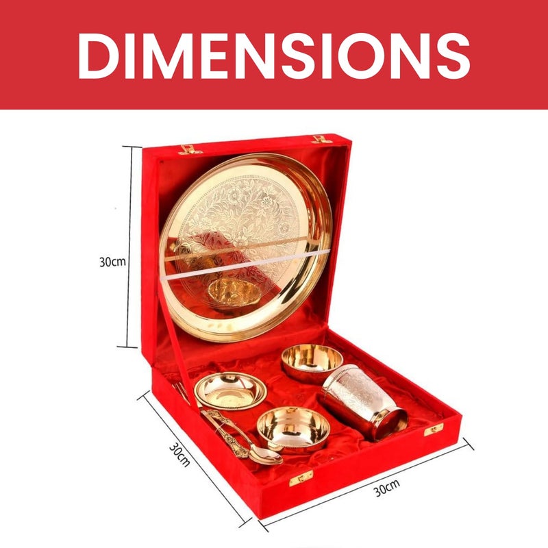 Piepot Dinner Set for Gift | Dinner Set for Gifting in Wedding | Pure Brass Set | 7 Pieces Set - 1 Plate, 1 Glass, 1 Spoon, 1 Fork, 1 Small Plate & 2 Bowls with Red Velvet Box | Wedding Gifts - Image 4