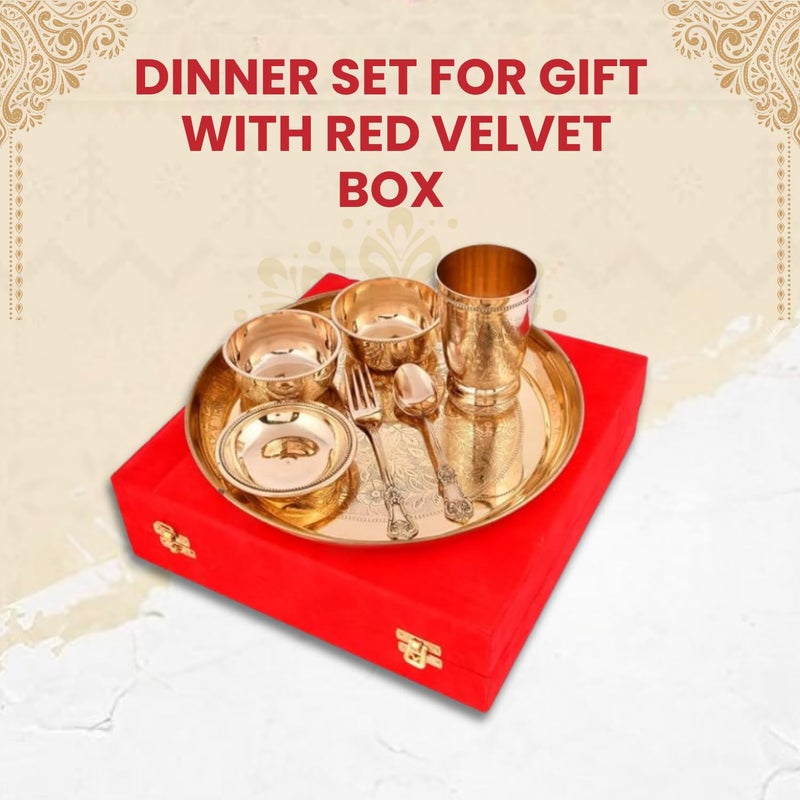 Piepot Dinner Set for Gift | Dinner Set for Gifting in Wedding | Pure Brass Set | 7 Pieces Set - 1 Plate, 1 Glass, 1 Spoon, 1 Fork, 1 Small Plate & 2 Bowls with Red Velvet Box | Wedding Gifts - Image 2