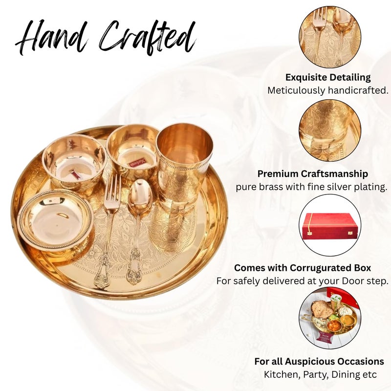 Piepot Dinner Set for Gift | Dinner Set for Gifting in Wedding | Pure Brass Set | 7 Pieces Set - 1 Plate, 1 Glass, 1 Spoon, 1 Fork, 1 Small Plate & 2 Bowls with Red Velvet Box | Wedding Gifts - Image 5