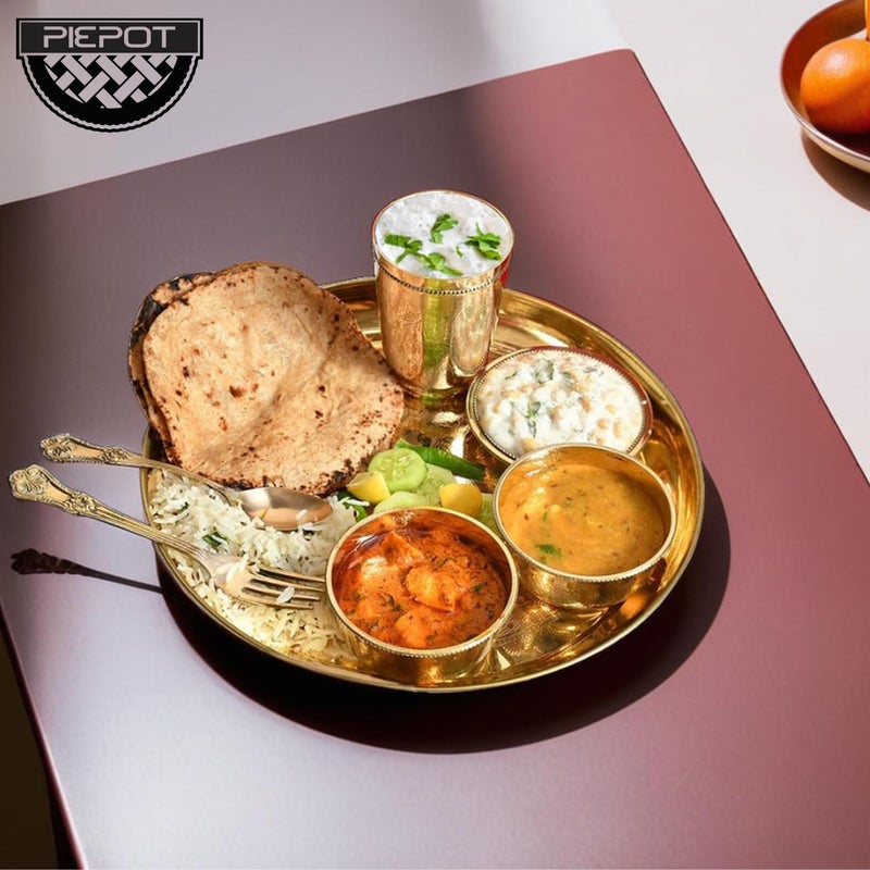 Piepot Dinner Set for Gift | Dinner Set for Gifting in Wedding | Pure Brass Set | 7 Pieces Set - 1 Plate, 1 Glass, 1 Spoon, 1 Fork, 1 Small Plate & 2 Bowls with Red Velvet Box | Wedding Gifts - Image 3