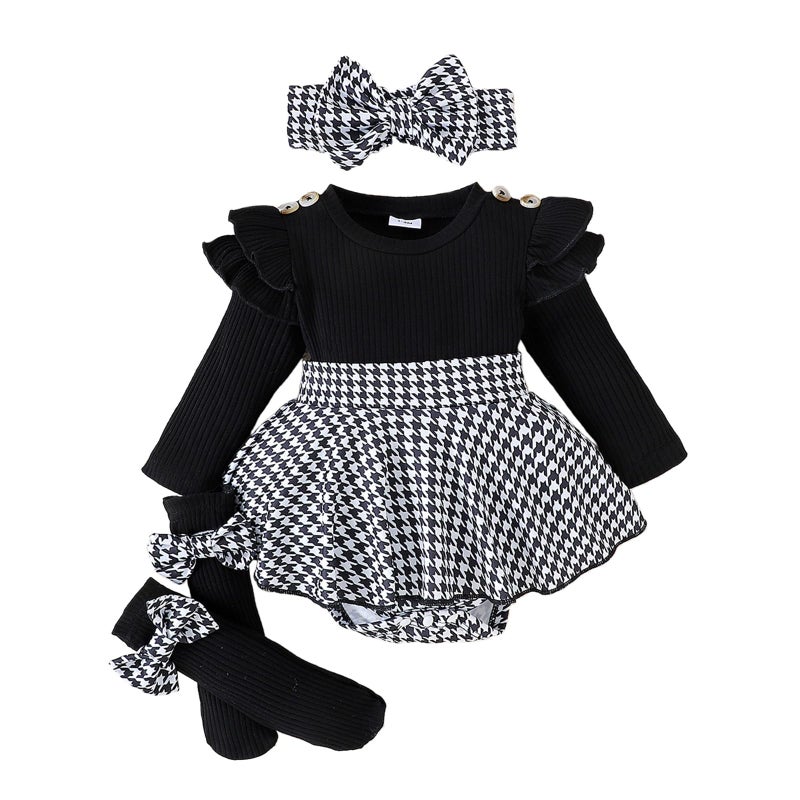 Giraropa Baby Girl Fall Winter Clothes Long Sleeve Romper Dress + Socks + Headband Newborn Infant Cute Casual Outfits (Black, 6-12 Months) - Image 1