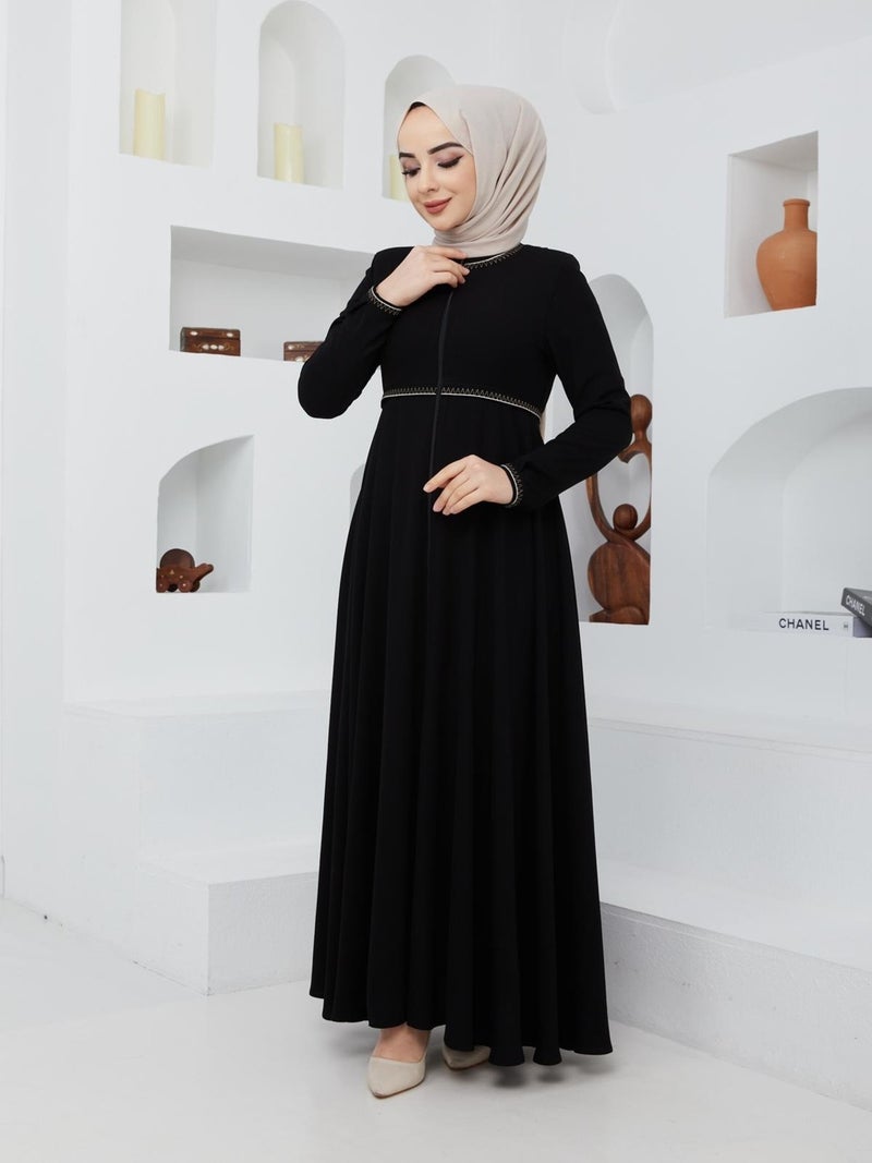 KMK Kombin KMK Combined Summer Mevlana Model Sleeve and Waist Patterned Flared Abaya Topcoat  - Image 3