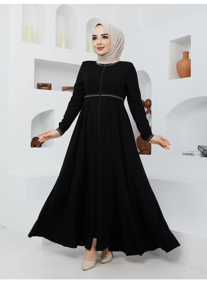 Kmk Kombin KMK Combined Summer Mevlana Model Sleeve and Waist Patterned Flared Abaya Topcoat