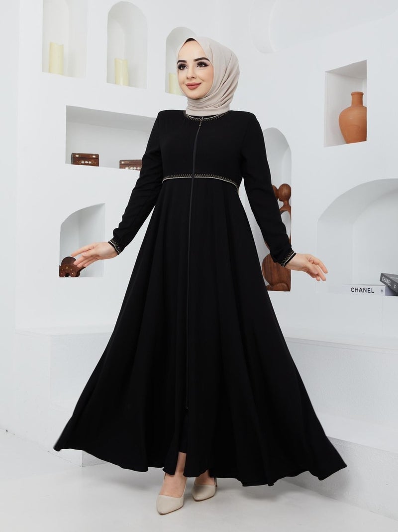KMK Kombin KMK Combined Summer Mevlana Model Sleeve and Waist Patterned Flared Abaya Topcoat  - Image 1