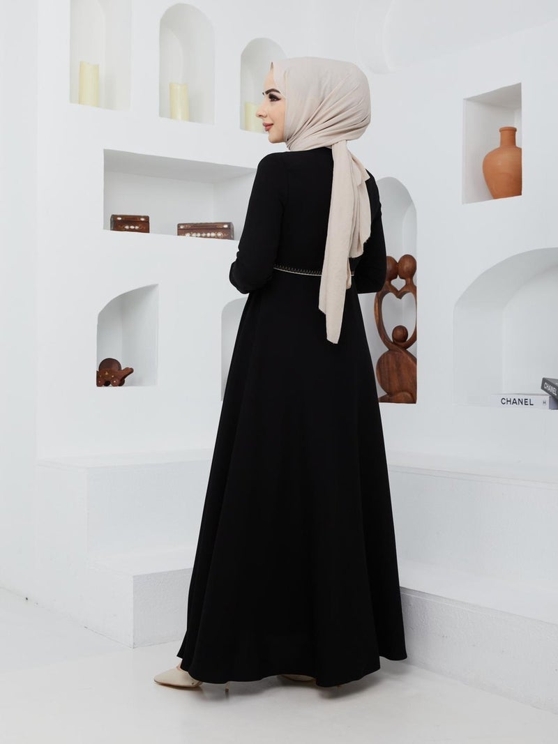 KMK Kombin KMK Combined Summer Mevlana Model Sleeve and Waist Patterned Flared Abaya Topcoat  - Image 4