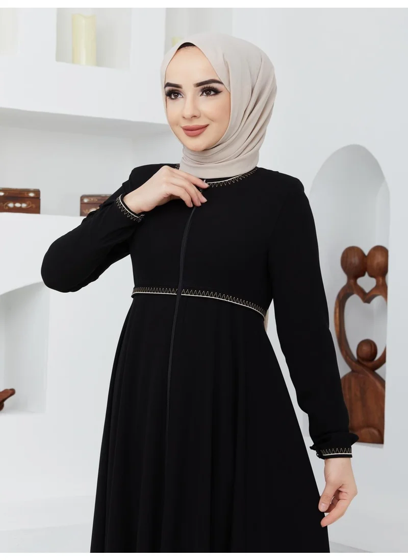 Kmk Kombin KMK Combined Summer Mevlana Model Sleeve and Waist Patterned Flared Abaya Topcoat