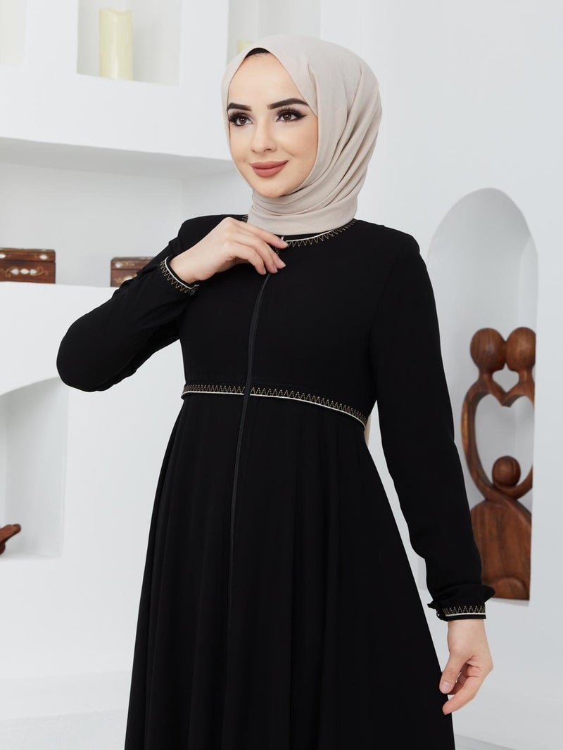 KMK Kombin KMK Combined Summer Mevlana Model Sleeve and Waist Patterned Flared Abaya Topcoat  - Image 2