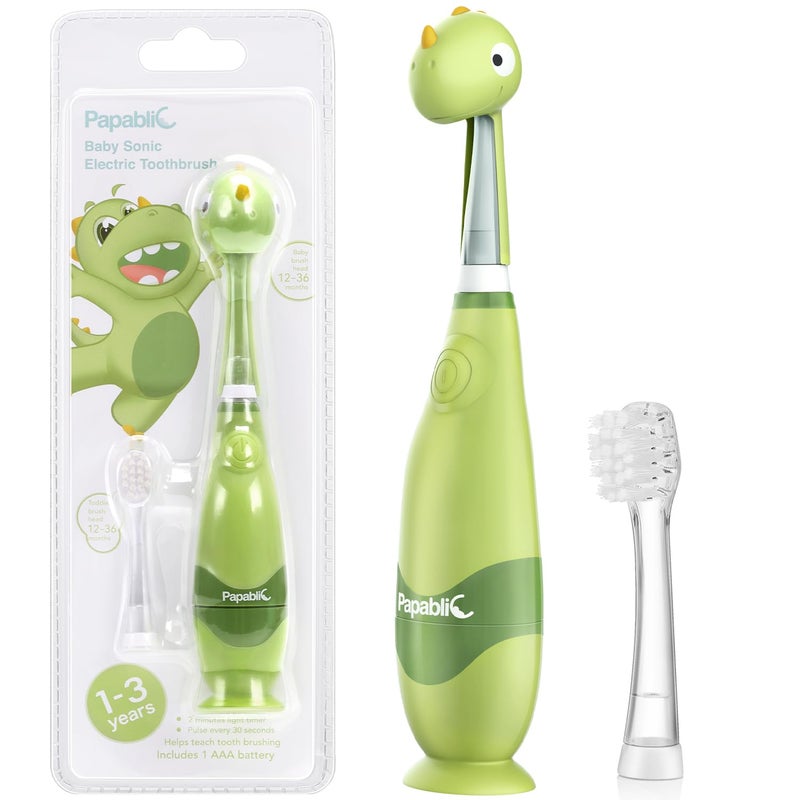Papablic Toddler Sonic Electric Toothbrush Kids for Ages 13 Years Baby Electric Toothbrush with Cute Dino Cover and Smart LED Timer 2 Brush Heads Max