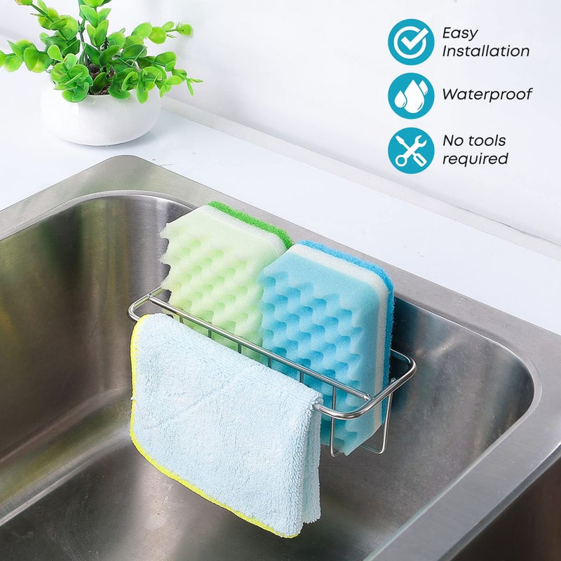 KESOL KESOL Adhesive Kitchen Sink Sponge Holder + Dish Cloth Hanger + Soap Holder  2-in-1 Kitchen Sink Caddy  304 Stainless Steel Rust Proof  Water Proof  No Drilling (Silver) - Image 2