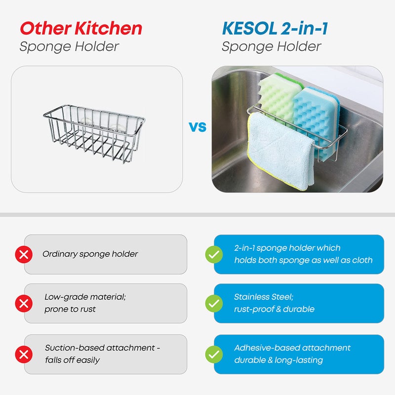 KESOL KESOL Adhesive Kitchen Sink Sponge Holder + Dish Cloth Hanger + Soap Holder  2-in-1 Kitchen Sink Caddy  304 Stainless Steel Rust Proof  Water Proof  No Drilling (Silver) - Image 5