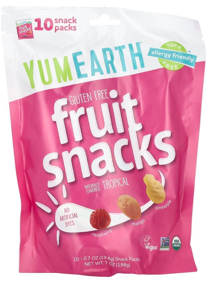YumEarth Gluten Free Fruit Snacks Tropical 10 Snack Packs 0.7 oz (19.8 g) Each