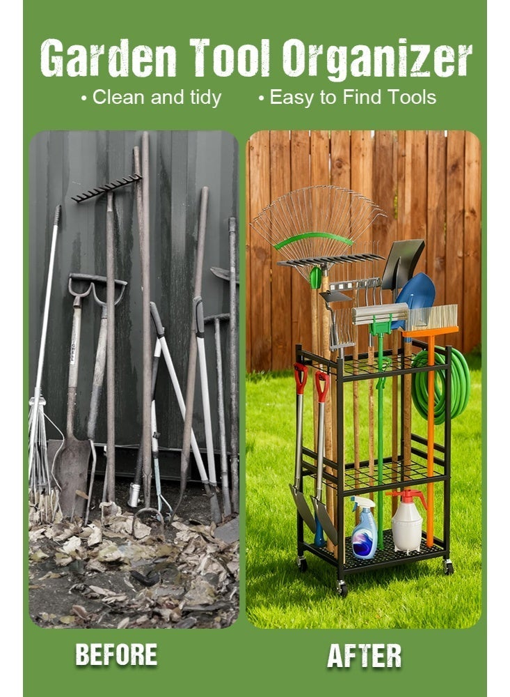 Forthcan Garden Tool Organizer with Wheels, Heavy-Duty Metal Storage Rack for Garage & Yard, Holds Up to 35 Long-Handled Tools with 3 Hooks, Outdoor Organizer, Black - Image 3