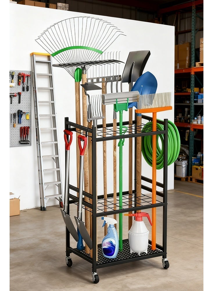 Forthcan Garden Tool Organizer with Wheels, Heavy-Duty Metal Storage Rack for Garage & Yard, Holds Up to 35 Long-Handled Tools with 3 Hooks, Outdoor Organizer, Black - Image 4