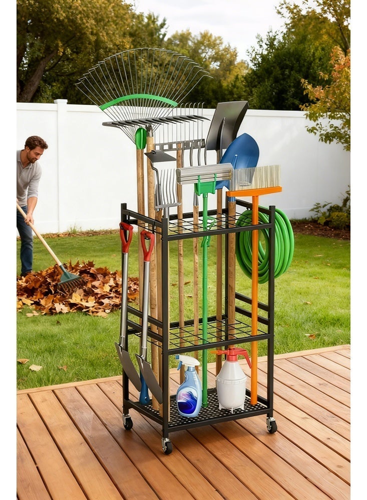 Forthcan Garden Tool Organizer with Wheels, Heavy-Duty Metal Storage Rack for Garage & Yard, Holds Up to 35 Long-Handled Tools with 3 Hooks, Outdoor Organizer, Black - Image 5
