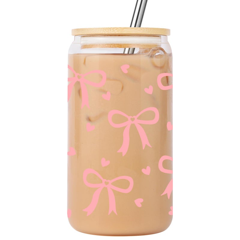 Lovearth Coquette Aesthetic Glass Cup Pink Bow Glass Tumbler wLid Straw 16 oz Iced Coffee Cup Cute Christmas Birthday Gifts for Women Mom Teen Girl Girlfriend Friend Coworker Her