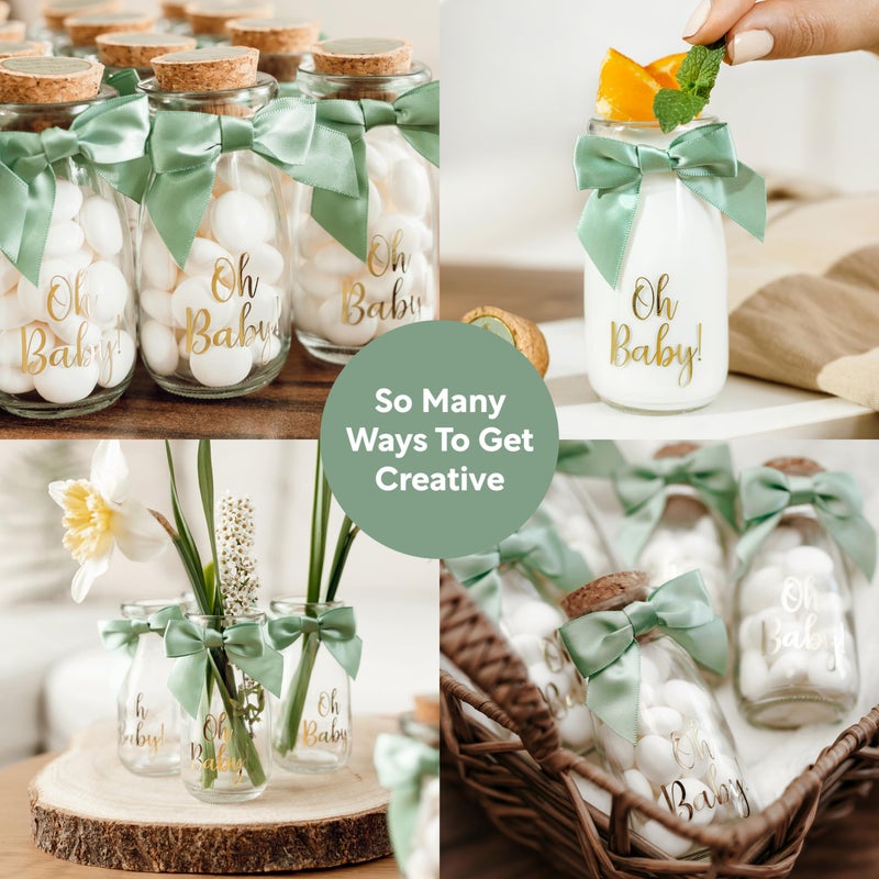 Ethisa Vintage 24 Pack Oh Baby Woodland Milk Glass Bottles with Ribbons and Stickers - Classy Baby Shower Favors for Guests and Table Centerpieces - Gender Neutral Eucalyptus Decoration - Safari Theme - Image 3
