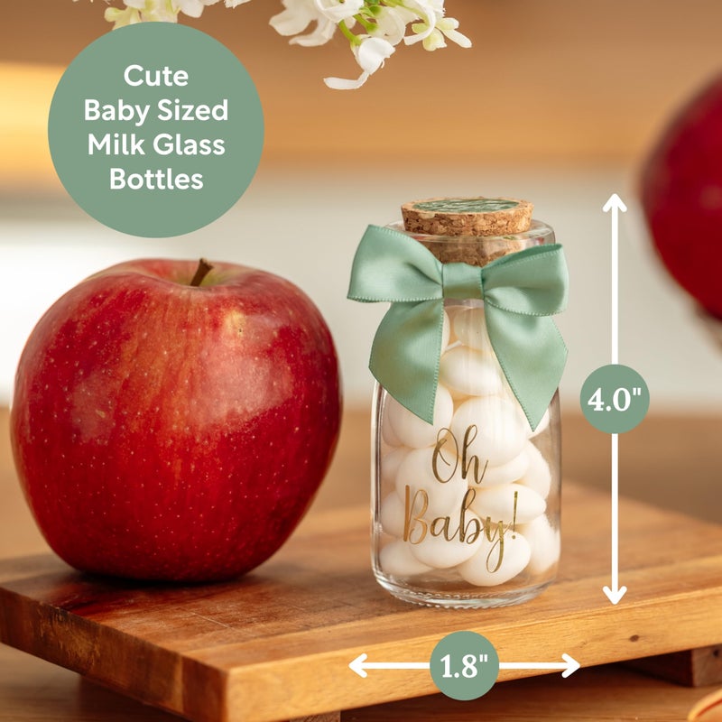 Ethisa Vintage 24 Pack Oh Baby Woodland Milk Glass Bottles with Ribbons and Stickers - Classy Baby Shower Favors for Guests and Table Centerpieces - Gender Neutral Eucalyptus Decoration - Safari Theme - Image 2