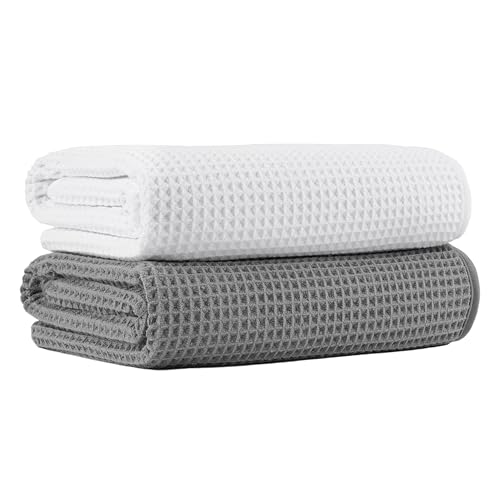MICROFI New Microfiber Waffle Bath Towels, 2 Pieces, Oversized, Soft, Absorbent, Fast Drying, Lint Free 430 GSM (Gray+White) - Image 1