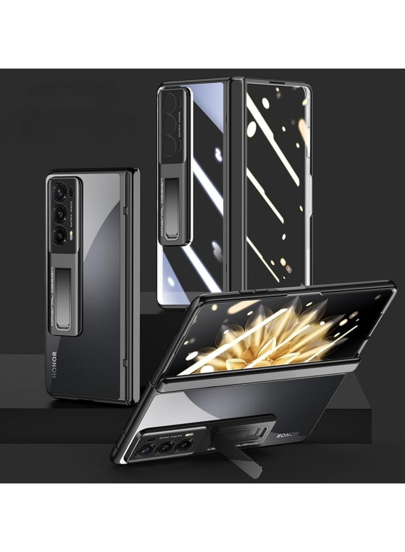 متوافق مع غلاف Honor Magic V2، حماية مفصلة، غلاف شفاف مطلٍ من مادة PC، مع واقي شاشة مدمج، غلاف كامل مع حامل.
