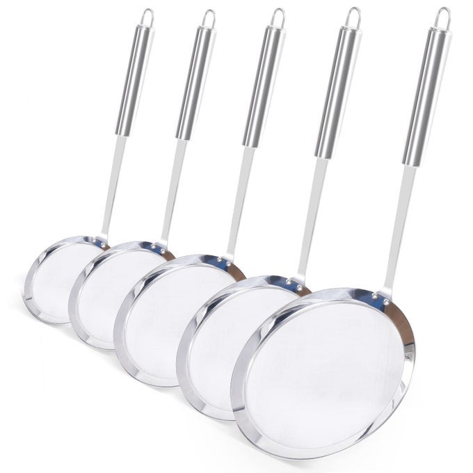 FINE MESH SKIMMER SPOON 5 PACK PROFESSIONAL 304 STAINLESS STEEL HOT POT FAT STRAINER FOR OIL FILTER SKIMMING GREASE AND FOAM DURABLE MULTIFUNCTIONAL KITCHEN COOKING MESH FOOD STRAINER