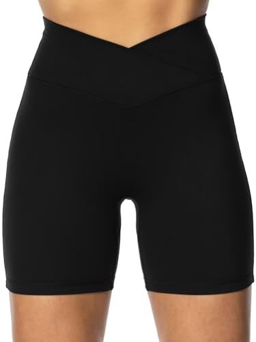 Sunzel Sunzfly Crossover Biker Shorts for Women, V Criss Cross High Waist Yoga Workout Gym Shorts with Tummy Control 6" Inseam Black Large - Image 1