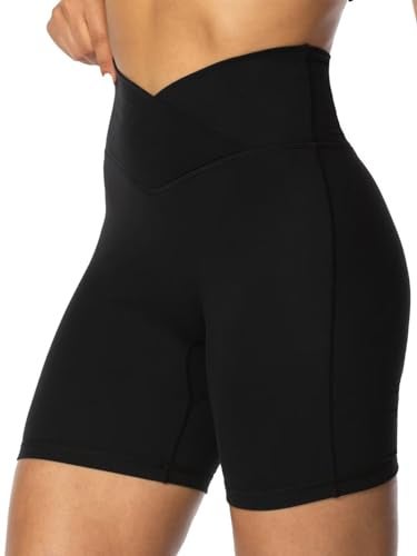 Sunzel Sunzfly Crossover Biker Shorts for Women, V Criss Cross High Waist Yoga Workout Gym Shorts with Tummy Control 6" Inseam Black Large - Image 3