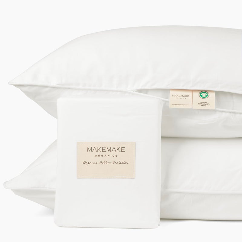 Makemake Organics Organic Cotton Pillow Protector Set of 2 GOTS Certified Organic Pillow Cases Zippered Breathable Barrier Fits Standard 20x26 Pearl White