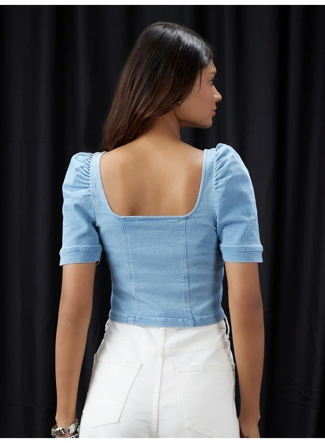 globus Women Blue Square Neck Puff Sleeves Denim Corset Top