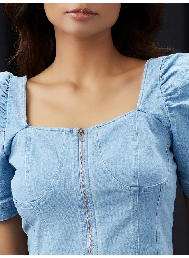 globus Women Blue Square Neck Puff Sleeves Denim Corset Top