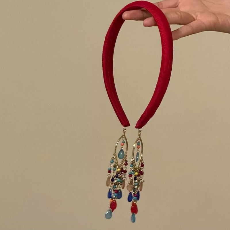 Bohemian Red Tassel Headband with Beads - Image 4