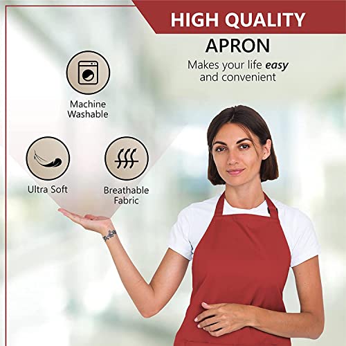 KBNBJ Apron for Men Women Chef Cooking Restaurants Gardening Workshop, Barbers with Adjustable Strap and Two Pockets (Pack of 2) (Red) - Image 4