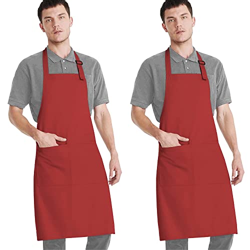 KBNBJ Apron for Men Women Chef Cooking Restaurants Gardening Workshop, Barbers with Adjustable Strap and Two Pockets (Pack of 2) (Red) - Image 1