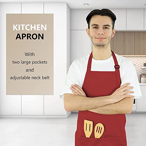 KBNBJ Apron for Men Women Chef Cooking Restaurants Gardening Workshop, Barbers with Adjustable Strap and Two Pockets (Pack of 2) (Red) - Image 2