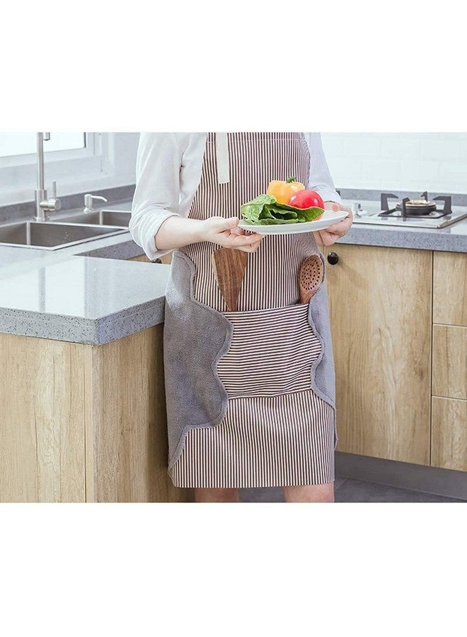 Beauenty Bib Apron with 2 Pockets, Adjustable Kitchen Aprons Side Wipe Hands Coral Velvet Towels Stitched Pinstripe Waterproof Cooking Baking Aprons Unisex (Brown) - Image 4