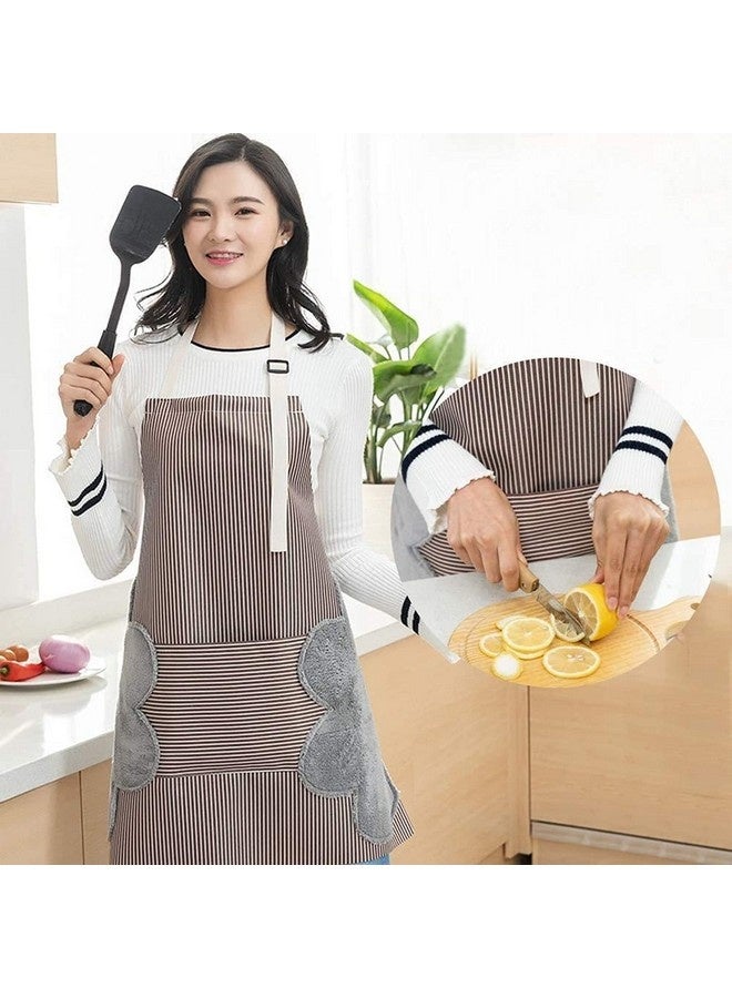 Beauenty Bib Apron with 2 Pockets, Adjustable Kitchen Aprons Side Wipe Hands Coral Velvet Towels Stitched Pinstripe Waterproof Cooking Baking Aprons Unisex (Brown) - Image 5