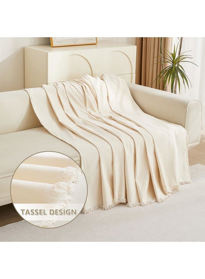MYSKY HOME Boho Couch Cover Beige Sofa Covers with White Tassel Farmhouse Sofa Slipcover Simple Couch Protector for Dogs Chenille Sectional Couch Covers L Shaped Couch Cushion Covers, 71"x 134" - Image 3