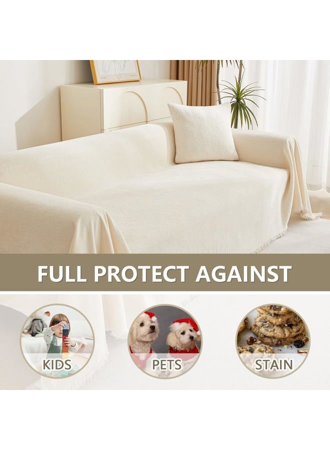 MYSKY HOME Boho Couch Cover Beige Sofa Covers with White Tassel Farmhouse Sofa Slipcover Simple Couch Protector for Dogs Chenille Sectional Couch Covers L Shaped Couch Cushion Covers, 71"x 134" - Image 5