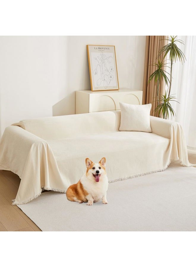 MYSKY HOME Boho Couch Cover Beige Sofa Covers with White Tassel Farmhouse Sofa Slipcover Simple Couch Protector for Dogs Chenille Sectional Couch Covers L Shaped Couch Cushion Covers, 71"x 134" - Image 1