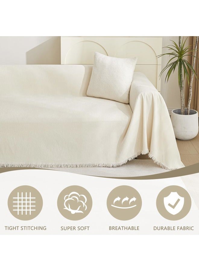 MYSKY HOME Boho Couch Cover Beige Sofa Covers with White Tassel Farmhouse Sofa Slipcover Simple Couch Protector for Dogs Chenille Sectional Couch Covers L Shaped Couch Cushion Covers, 71"x 134" - Image 2