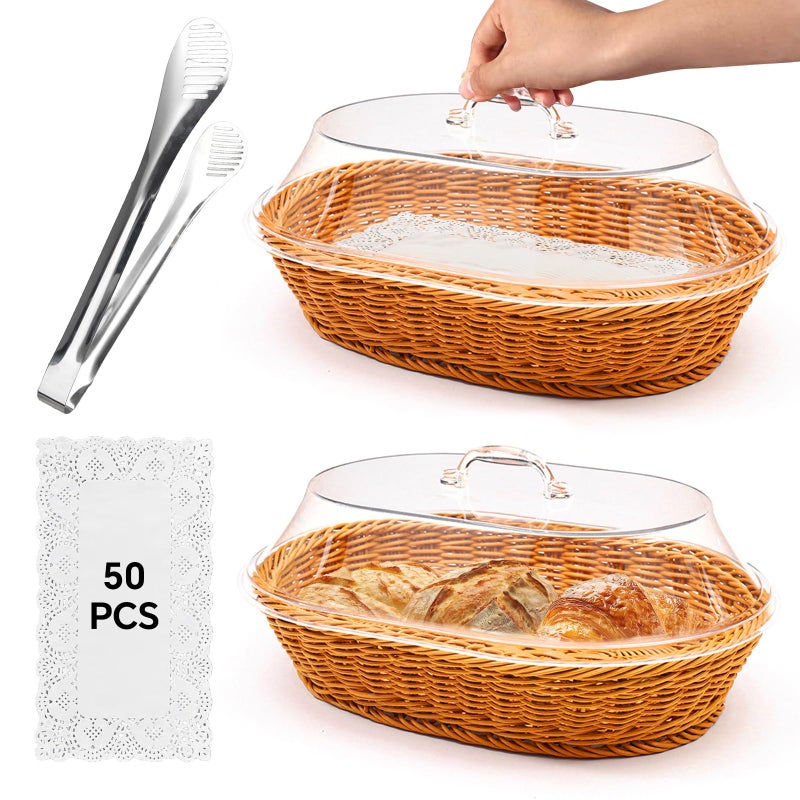Trez Treamer Rattan Bread Baskets, 2 Pack, Oval Woven Baskets with Acrylic Lids, 15.75 x 11.81 inches, Stainless Steel Tongs, Lace Doilies, for Bread, Fruit, Food Display - Image 1