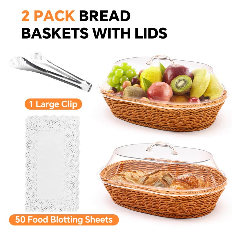 Trez Treamer Rattan Bread Baskets, 2 Pack, Oval Woven Baskets with Acrylic Lids, 15.75 x 11.81 inches, Stainless Steel Tongs, Lace Doilies, for Bread, Fruit, Food Display - Image 3