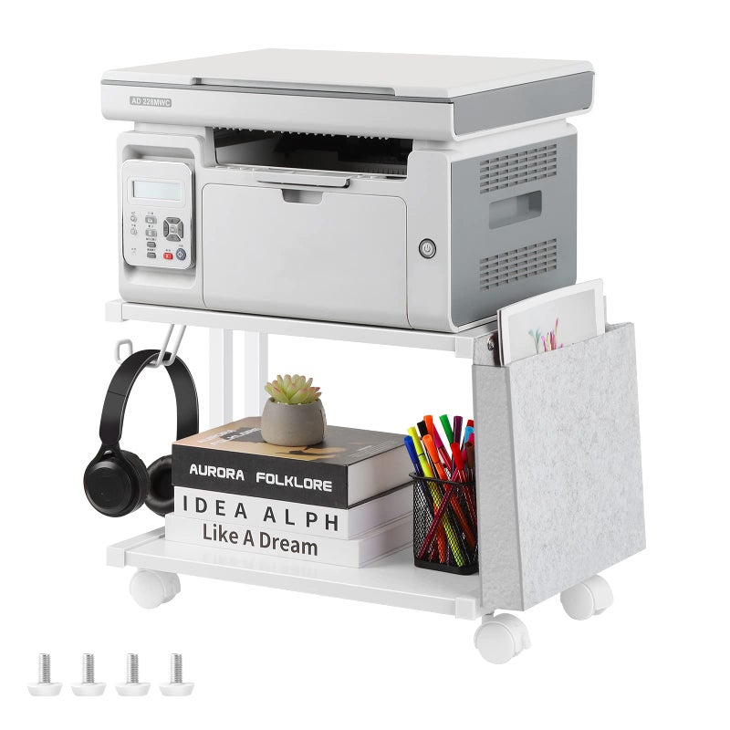 Printer Stand Under Desk Printer Table with Wheels 2 Tier Small Printer Cart with Storage Bag Desktop White Printer Stands for Home Office Fax Machine Scanner Files White