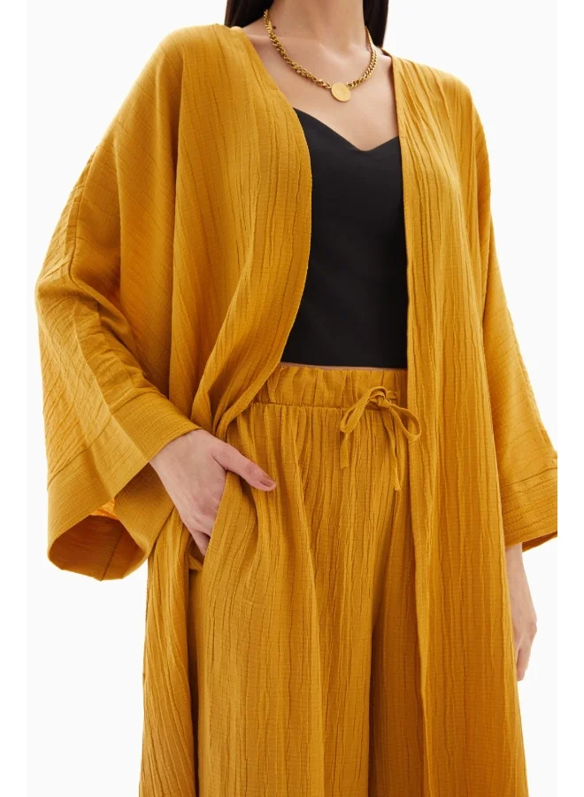 Wecre8 Yellow Textured Set of Kimono with Trousers