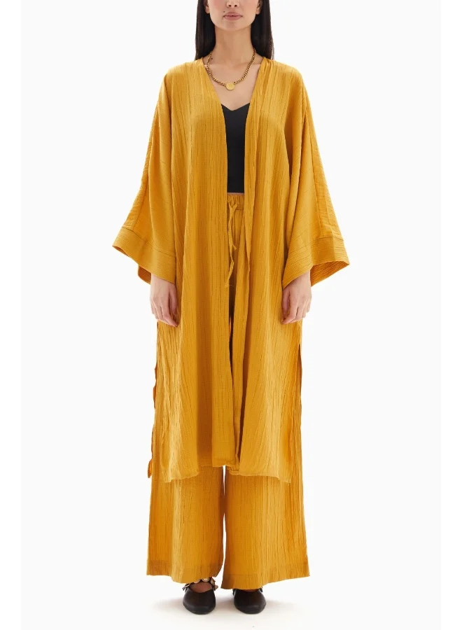 Wecre8 Yellow Textured Set of Kimono with Trousers